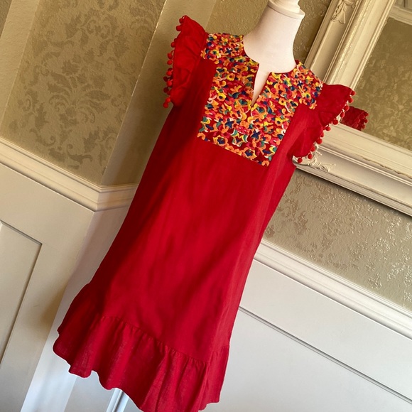 Embroidered Pompom Red Dress - Picture 2 of 7
